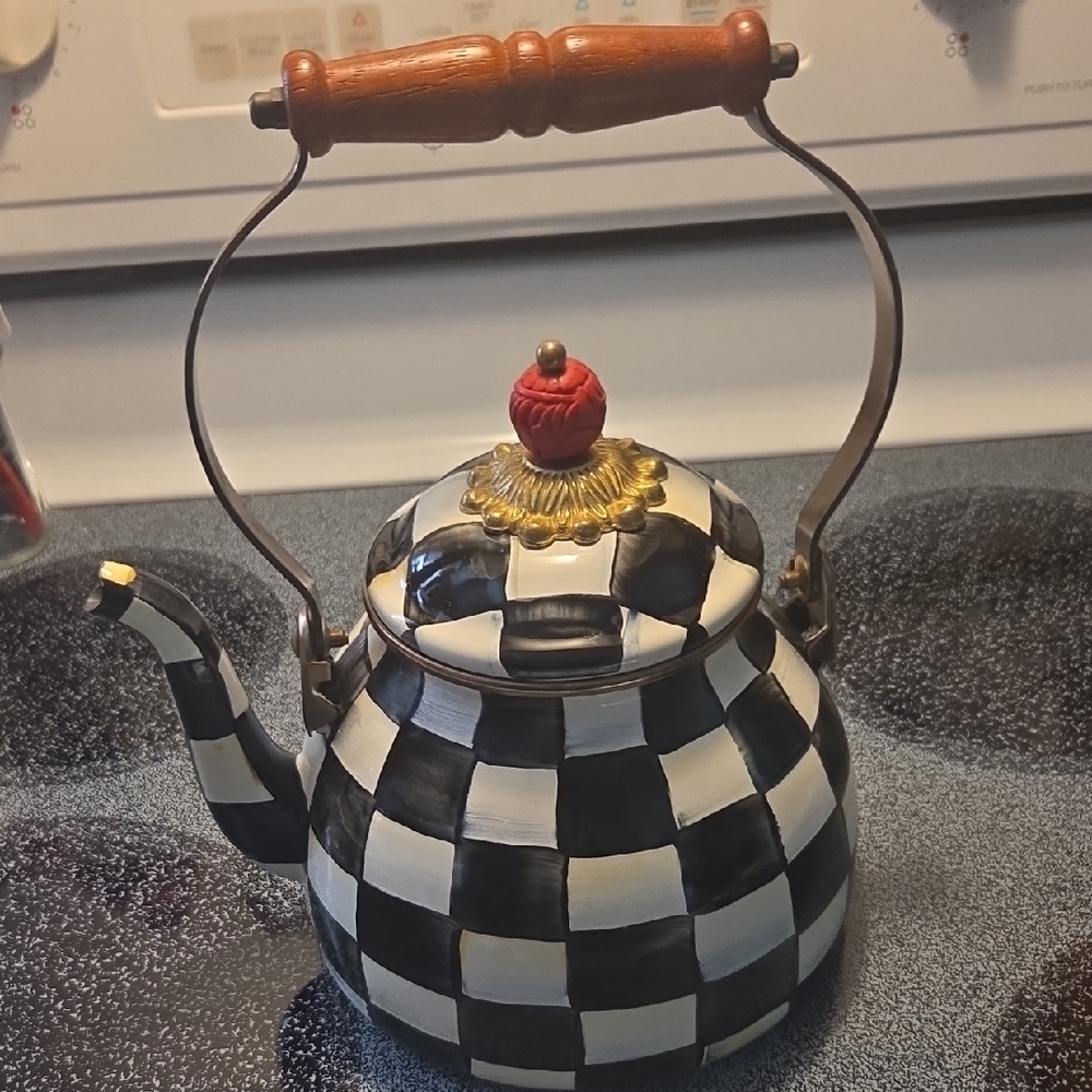 MacKenzie-Childs Black and White Checkered Teapot with Red Handle One Quart Trad